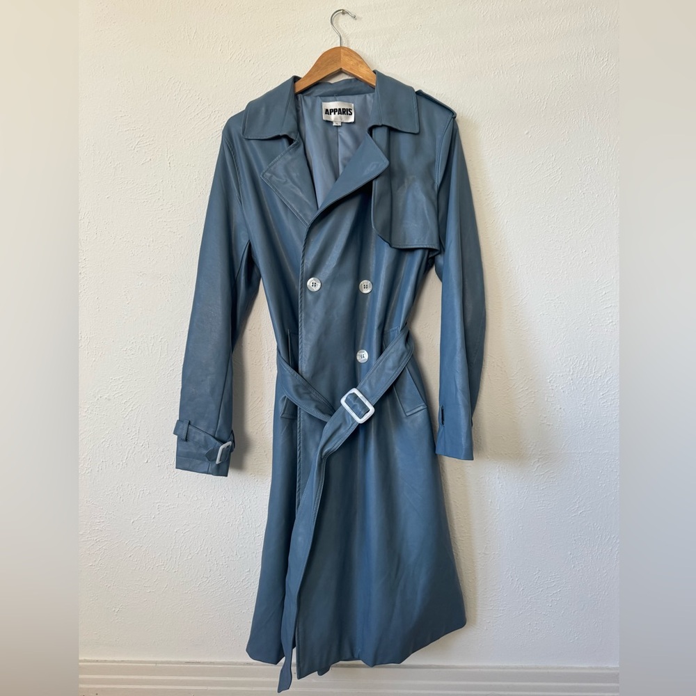 Powder blue vegan leather trench coat